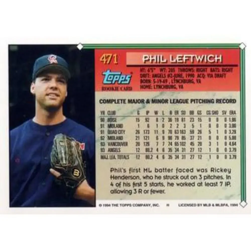 1994 Topps Phil Leftwich RC # 471 California Angels